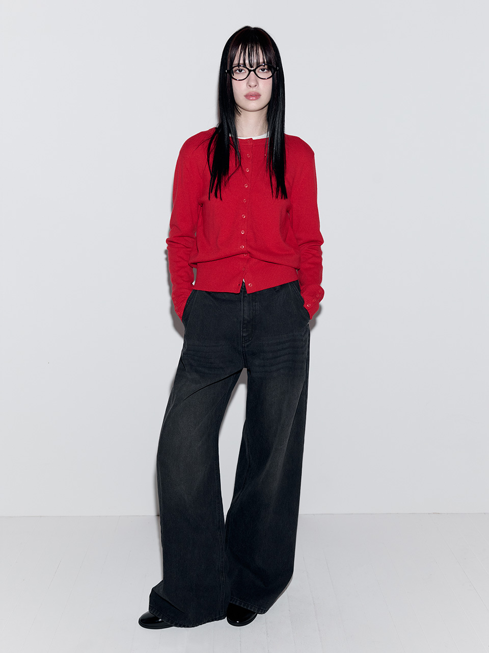 PINTUCK WIDE DENIM PANTS BLACK