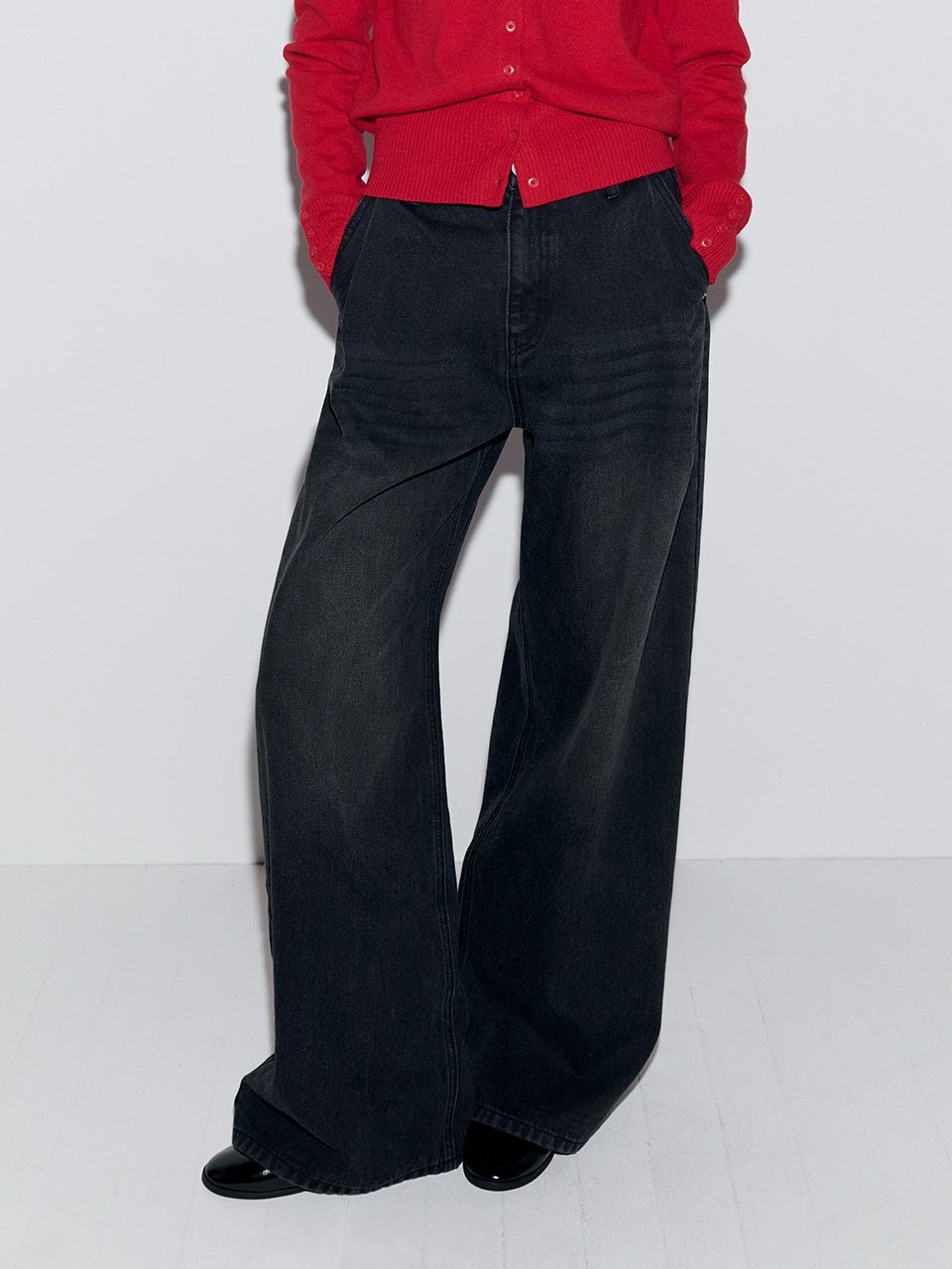 PINTUCK WIDE DENIM PANTS BLACK