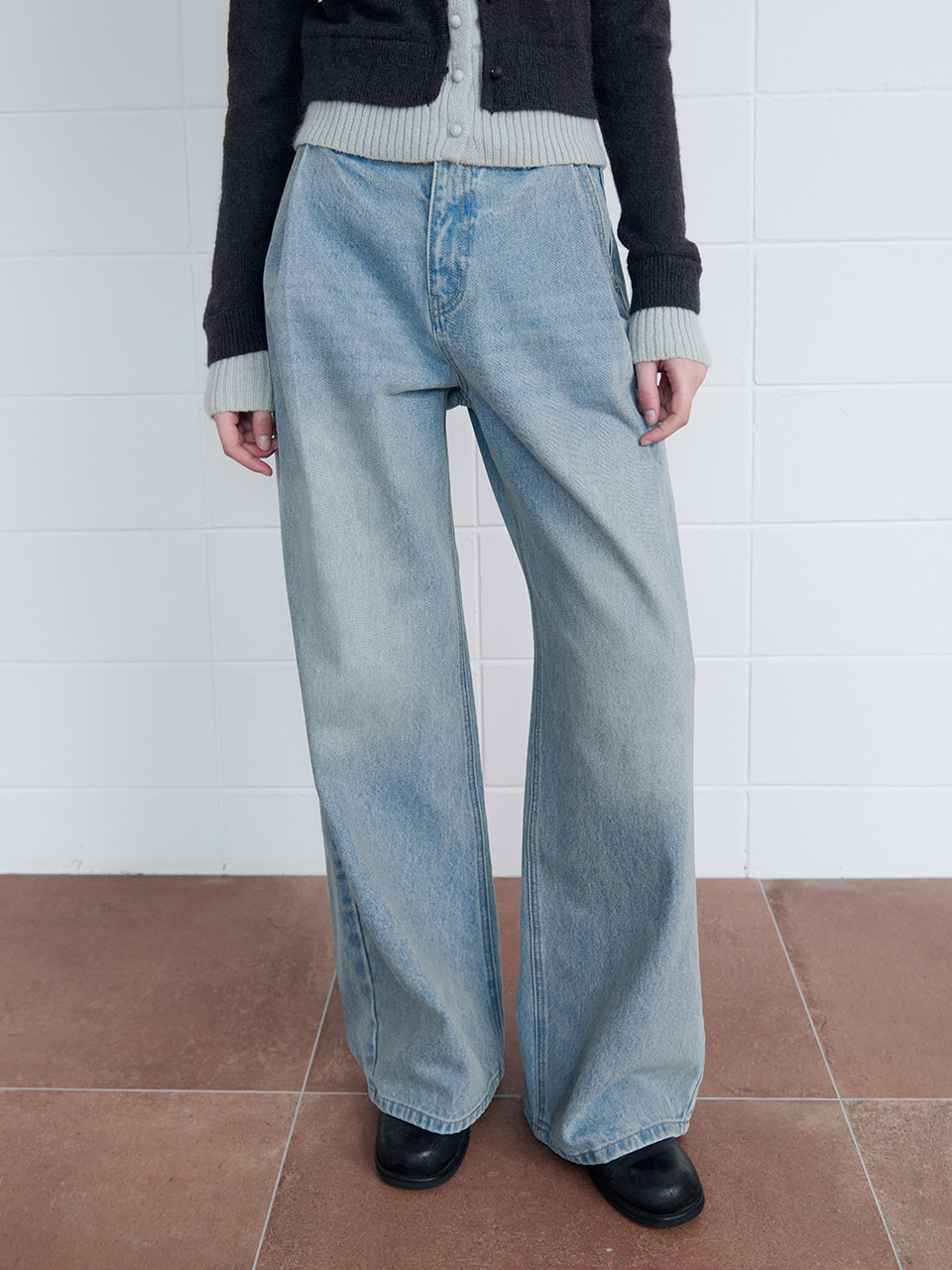 PINTUCK WIDE DENIM PANTS BLUE