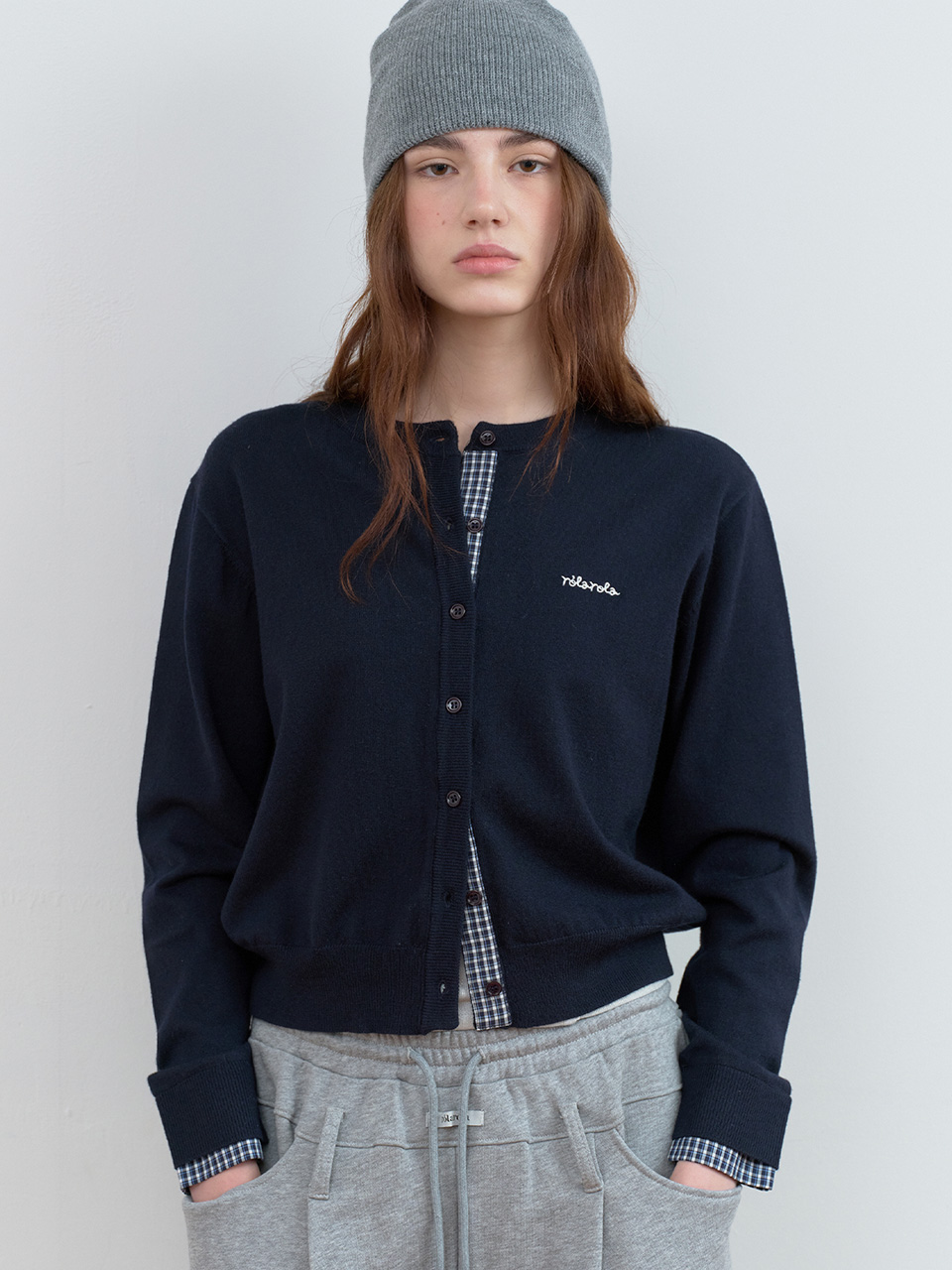 CHECK POINTED KNIT CARDIGAN NAVY