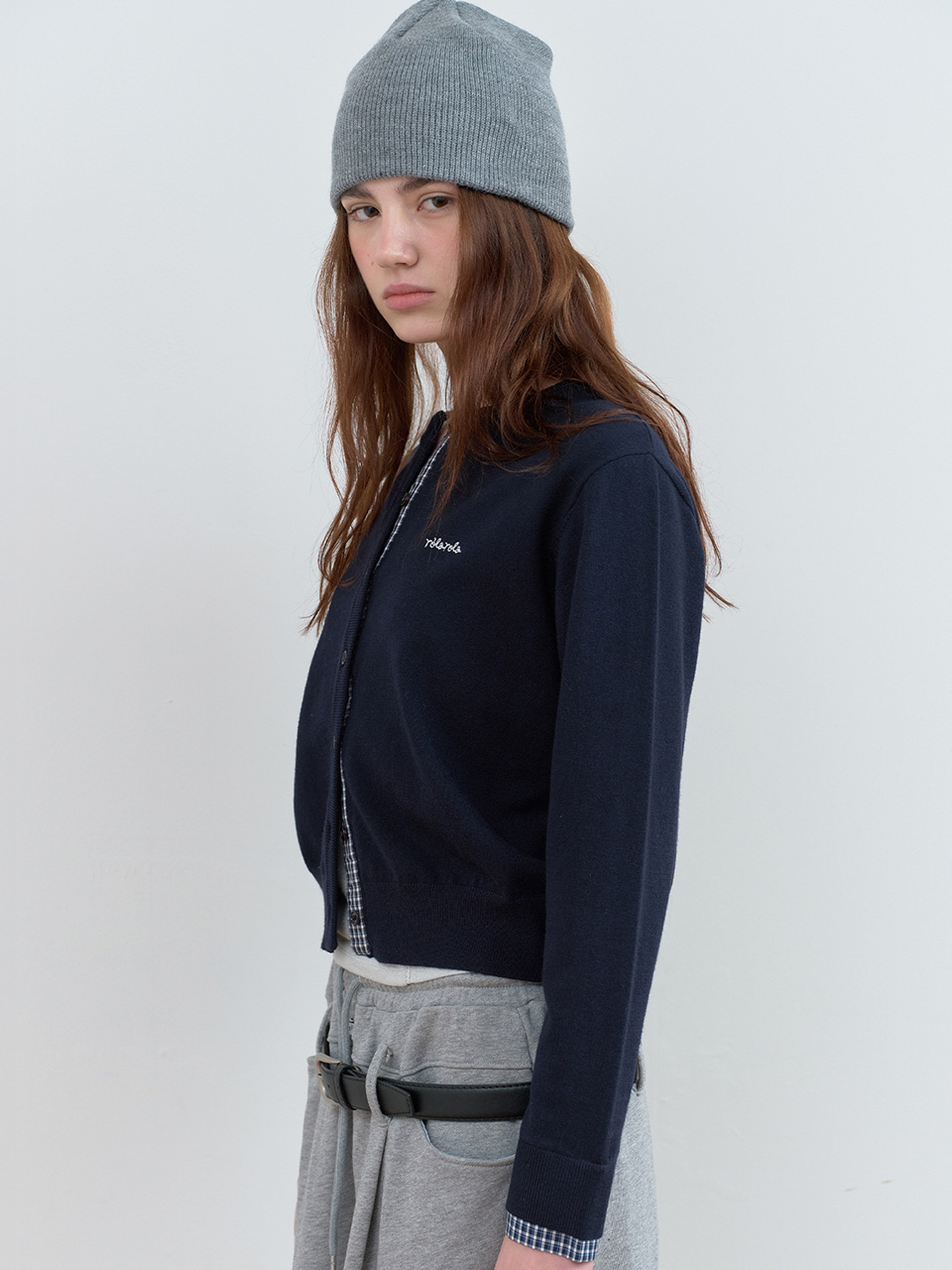 CHECK POINTED KNIT CARDIGAN NAVY