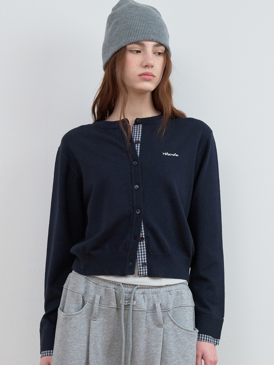 CHECK POINTED KNIT CARDIGAN NAVY