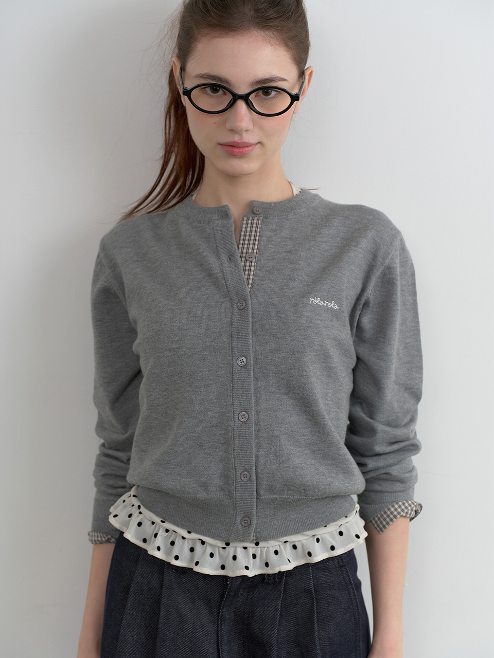 CHECK POINTED KNIT CARDIGAN GRAY
