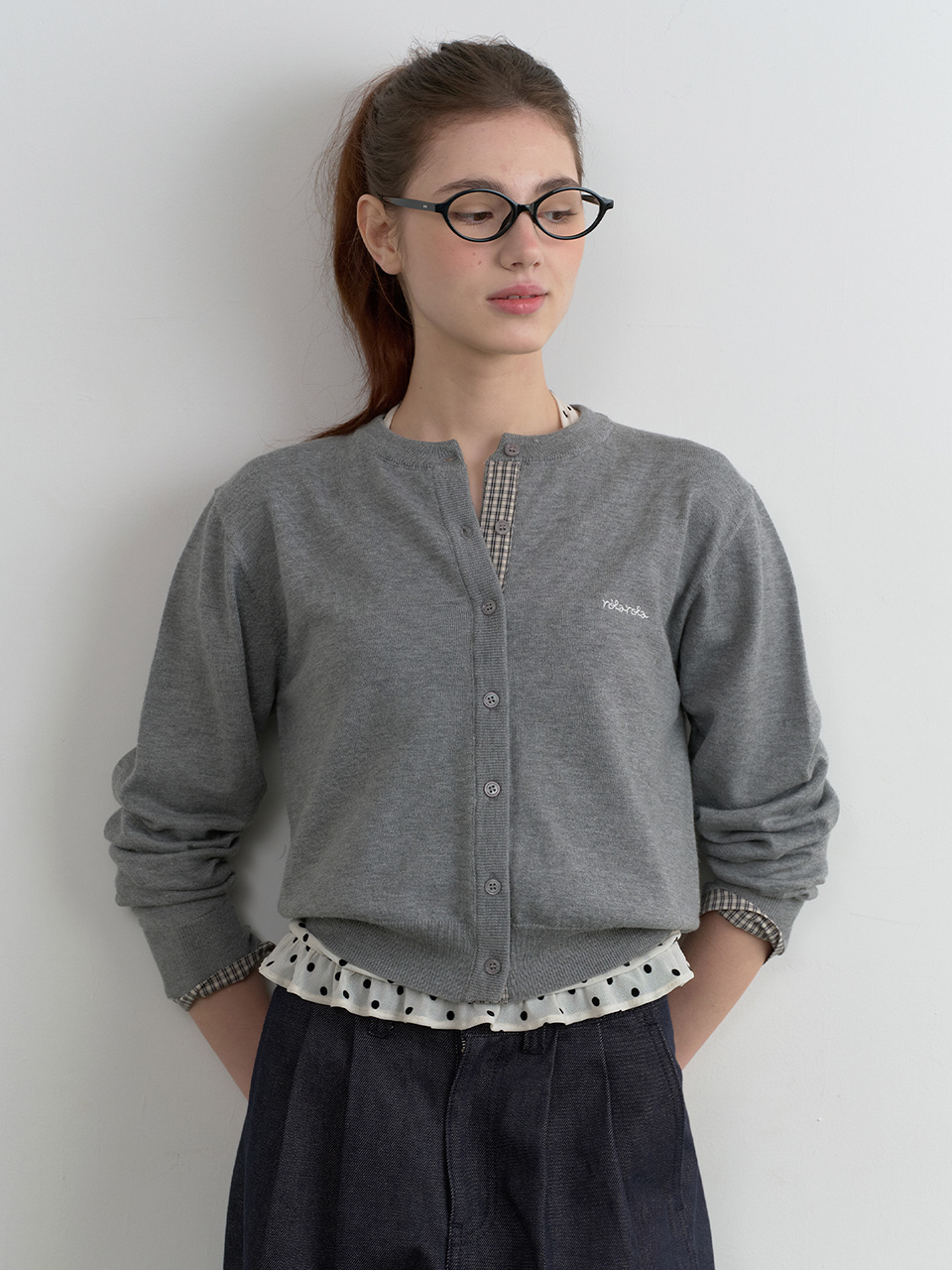 CHECK POINTED KNIT CARDIGAN GRAY