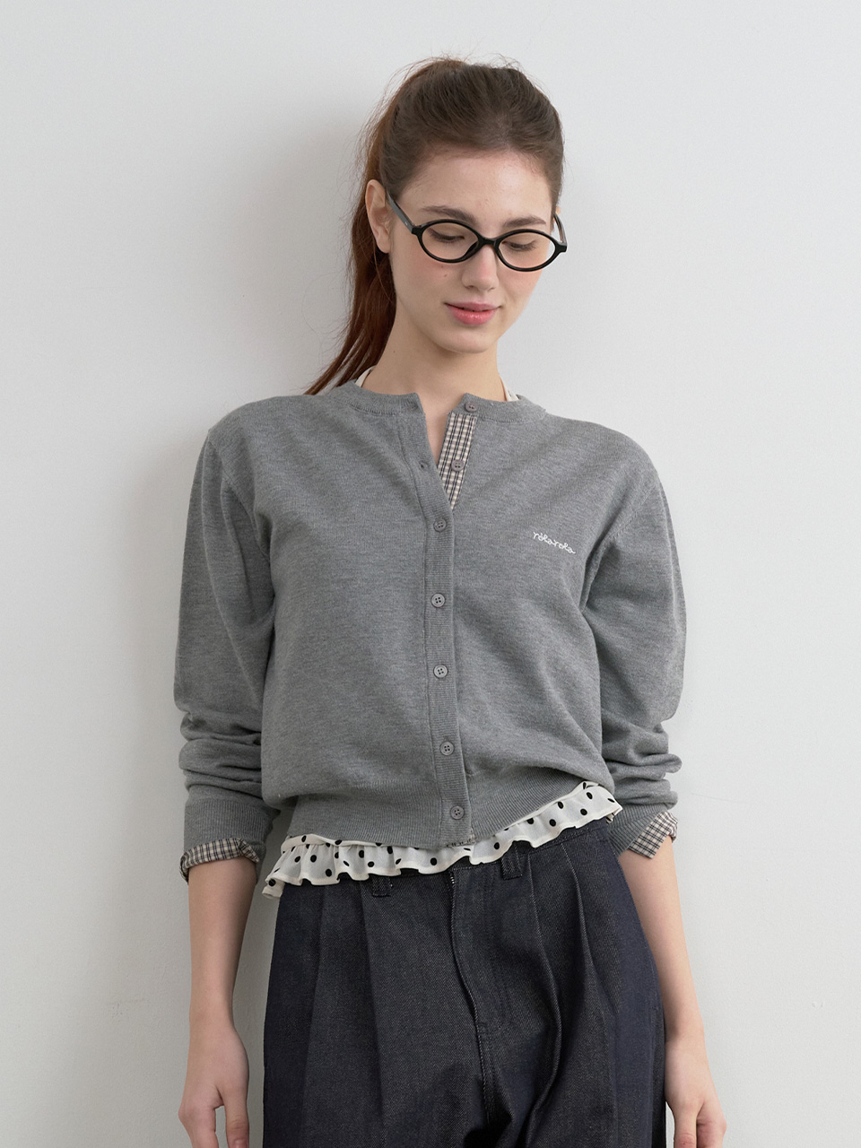 CHECK POINTED KNIT CARDIGAN GRAY