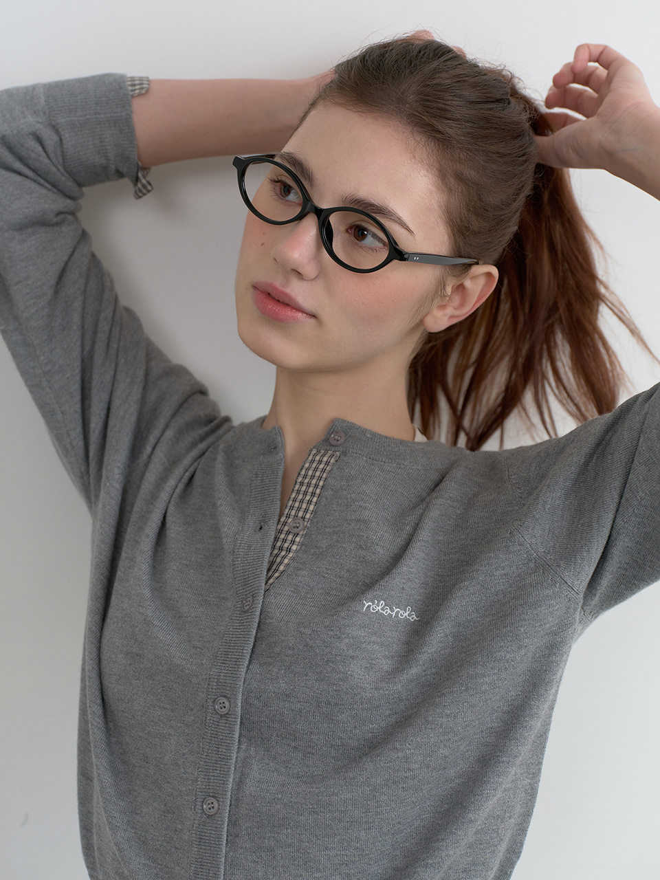 CHECK POINTED KNIT CARDIGAN GRAY