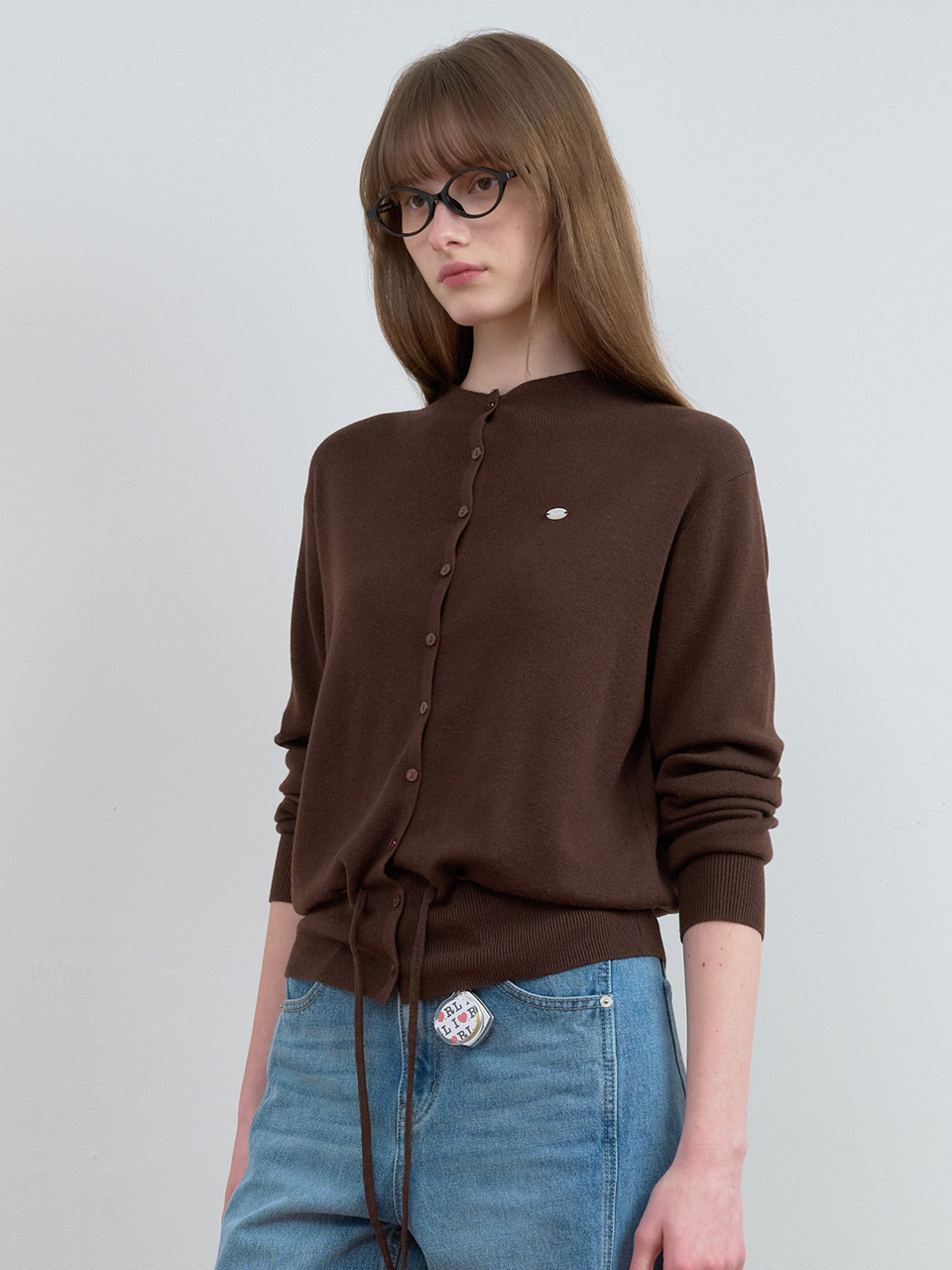HIGH NECK STRING KNIT CARDIGAN BROWN
