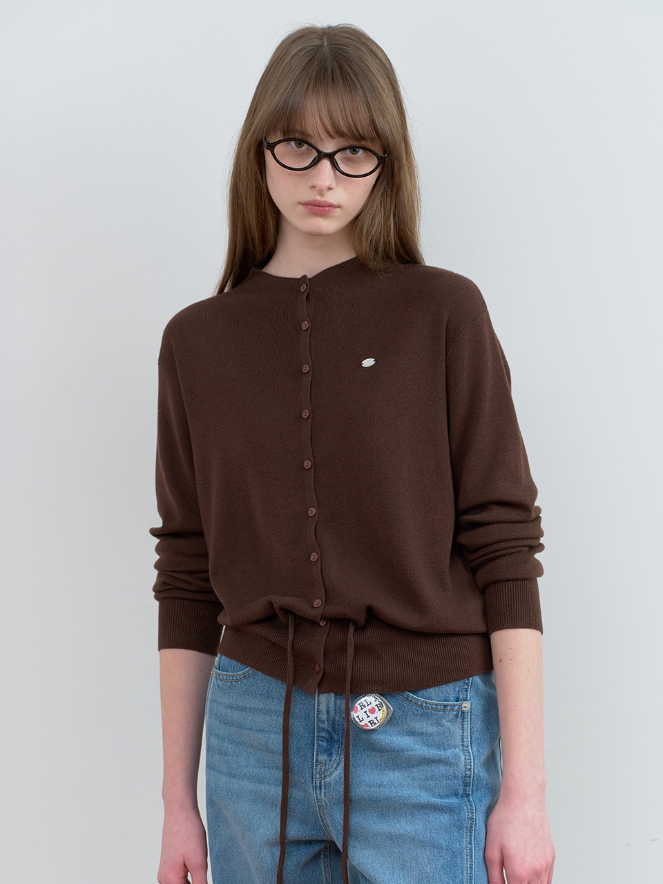 HIGH NECK STRING KNIT CARDIGAN BROWN
