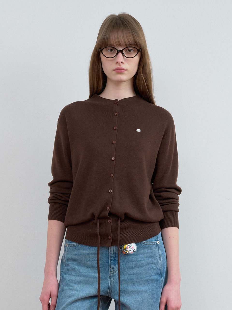 HIGH NECK STRING KNIT CARDIGAN BROWN