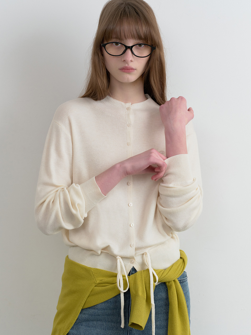 HIGH NECK STRING KNIT CARDIGAN IVORY