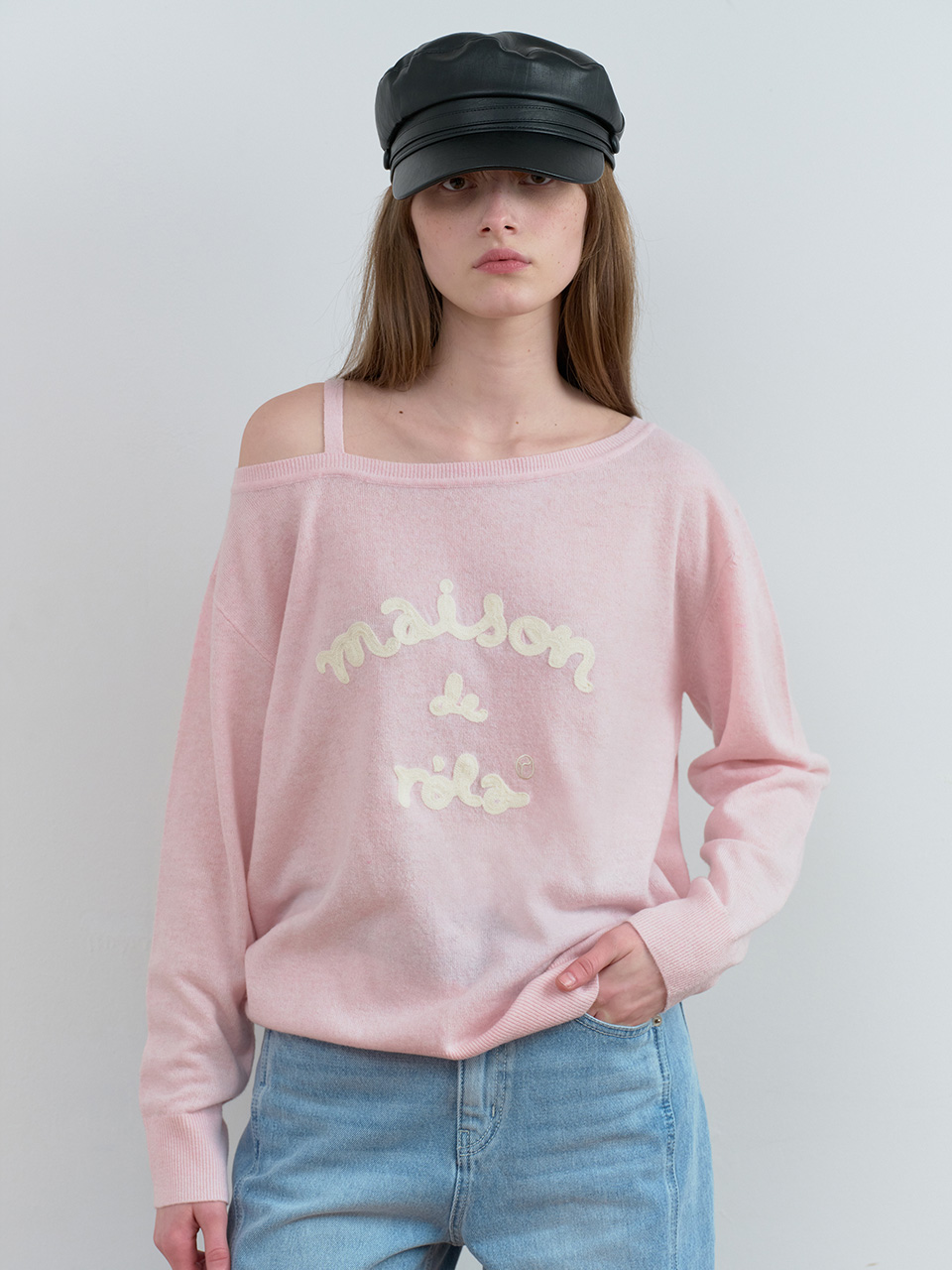MAISON DE ROLA EMBROIDERY OFF SHOULDER KNIT PINK