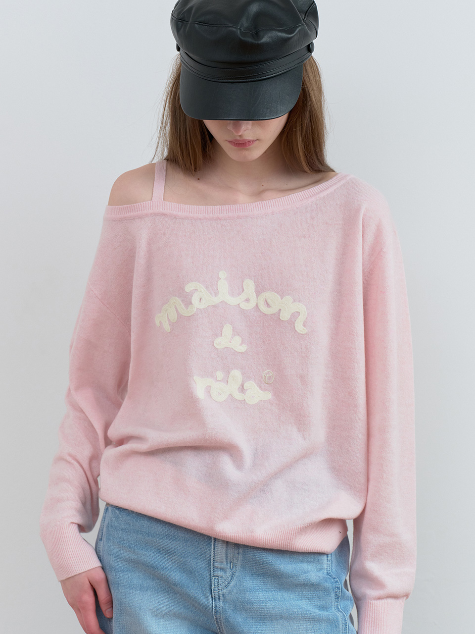 MAISON DE ROLA EMBROIDERY OFF SHOULDER KNIT PINK