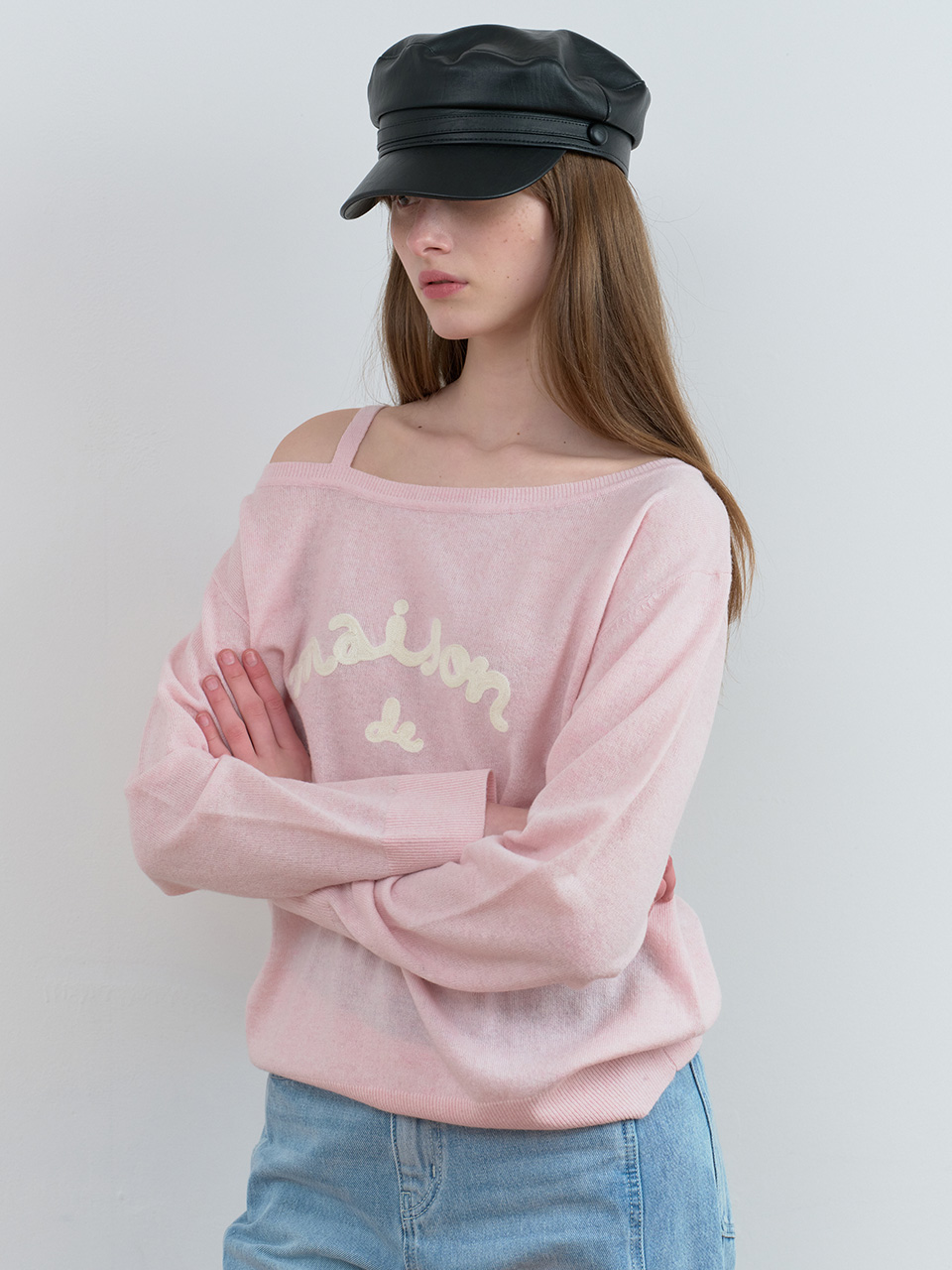MAISON DE ROLA EMBROIDERY OFF SHOULDER KNIT PINK