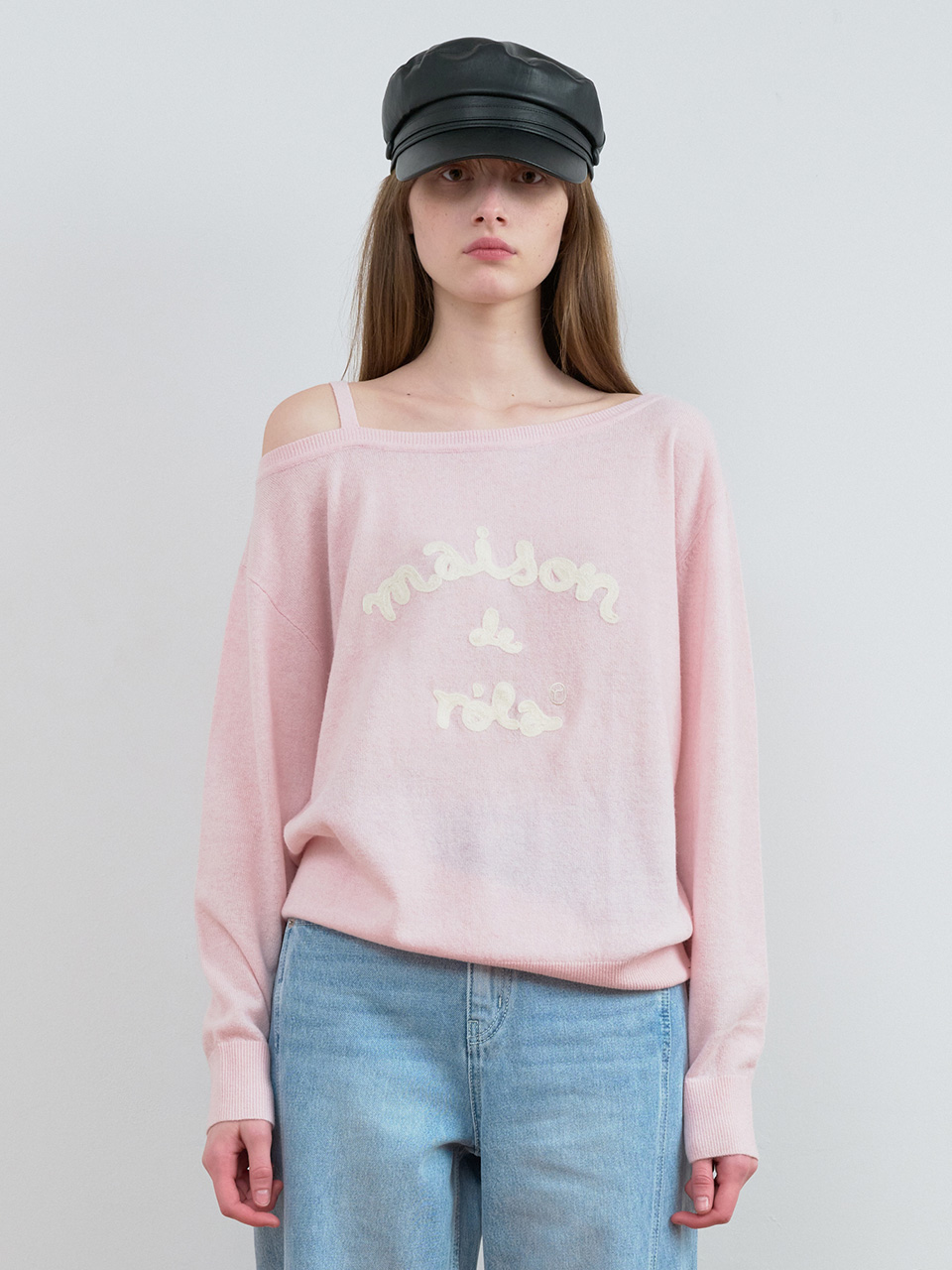 MAISON DE ROLA EMBROIDERY OFF SHOULDER KNIT PINK