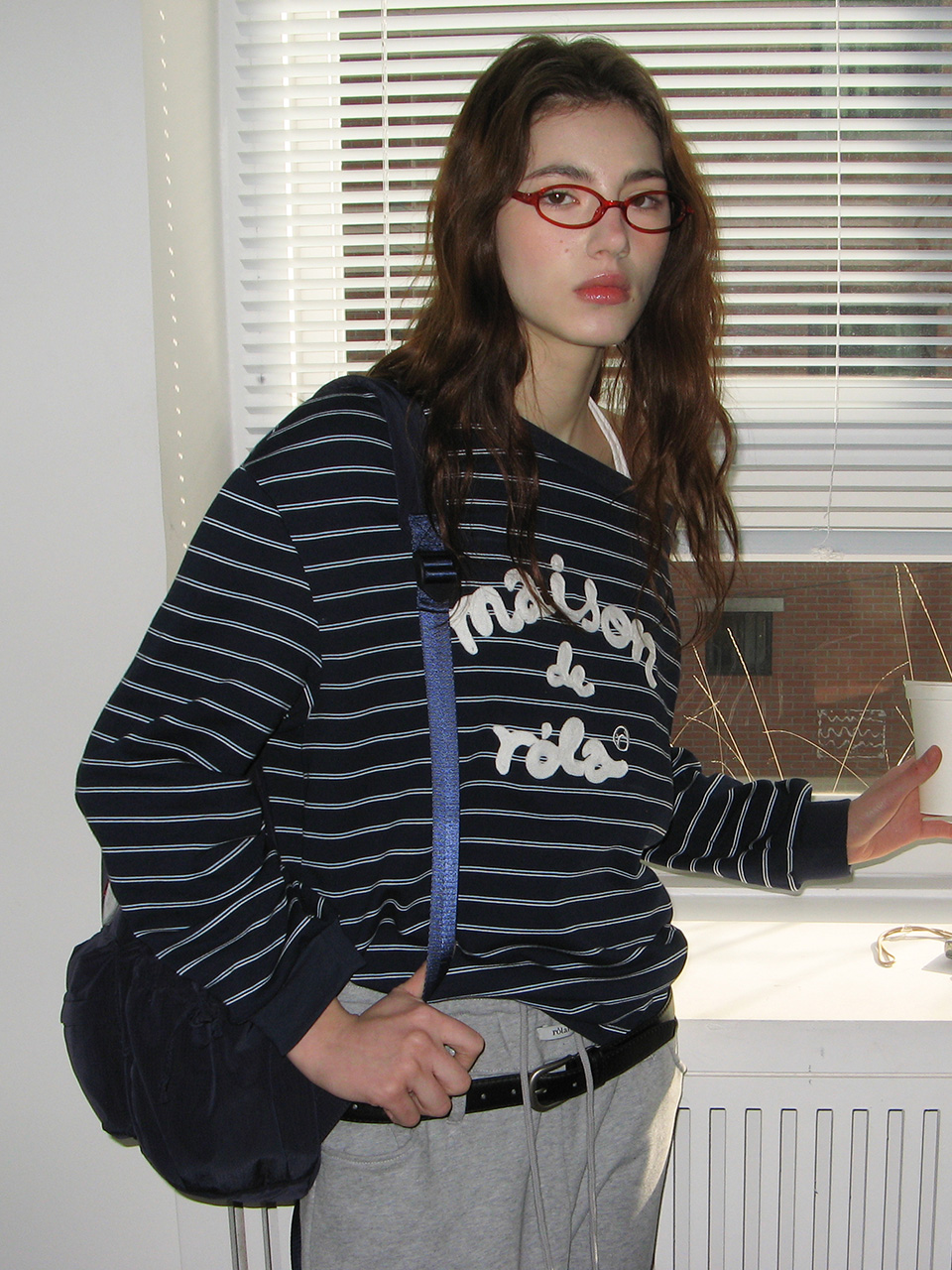 MAISON DE ROLA EMBROIDERY OFF SHOULDER STRIPE SWEATSHIRT NAVY