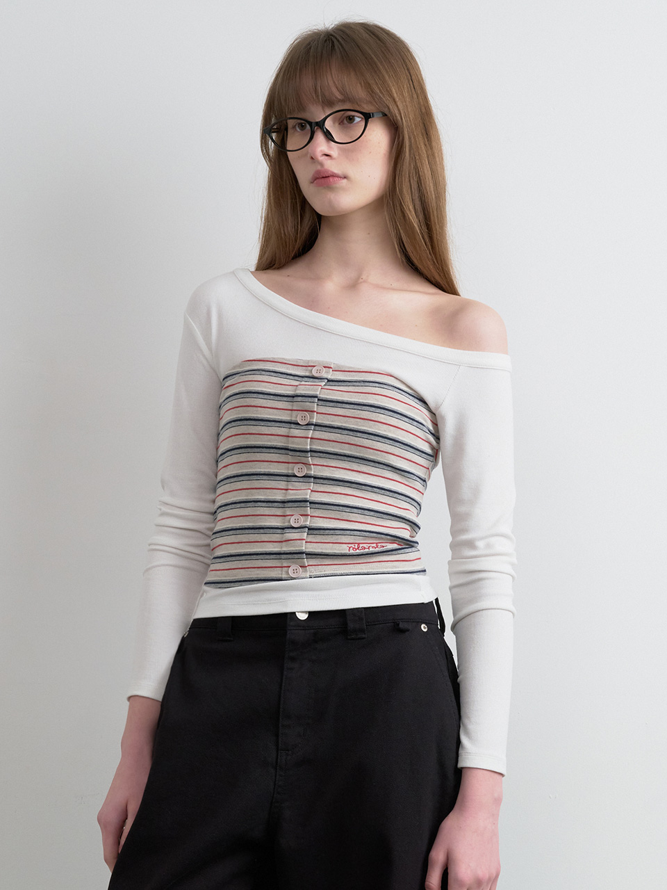 STRIPE BUTTON BUSTIER LAYERED LONG SLEEVE WH+GY
