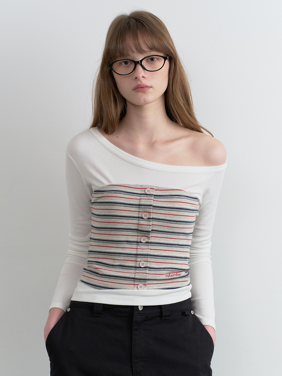 STRIPE BUTTON BUSTIER LAYERED LONG SLEEVE WH+GY