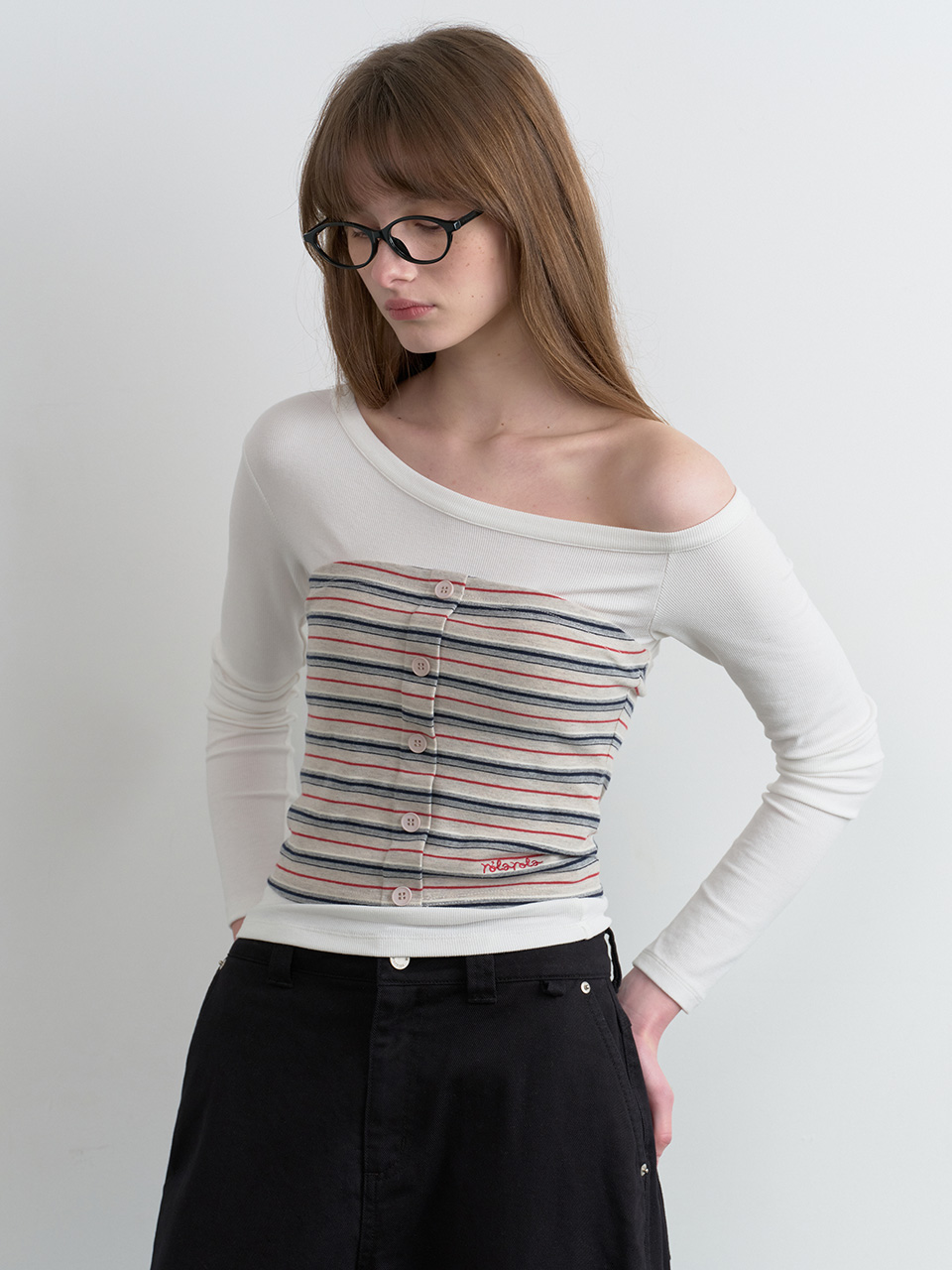 STRIPE BUTTON BUSTIER LAYERED LONG SLEEVE WH+GY