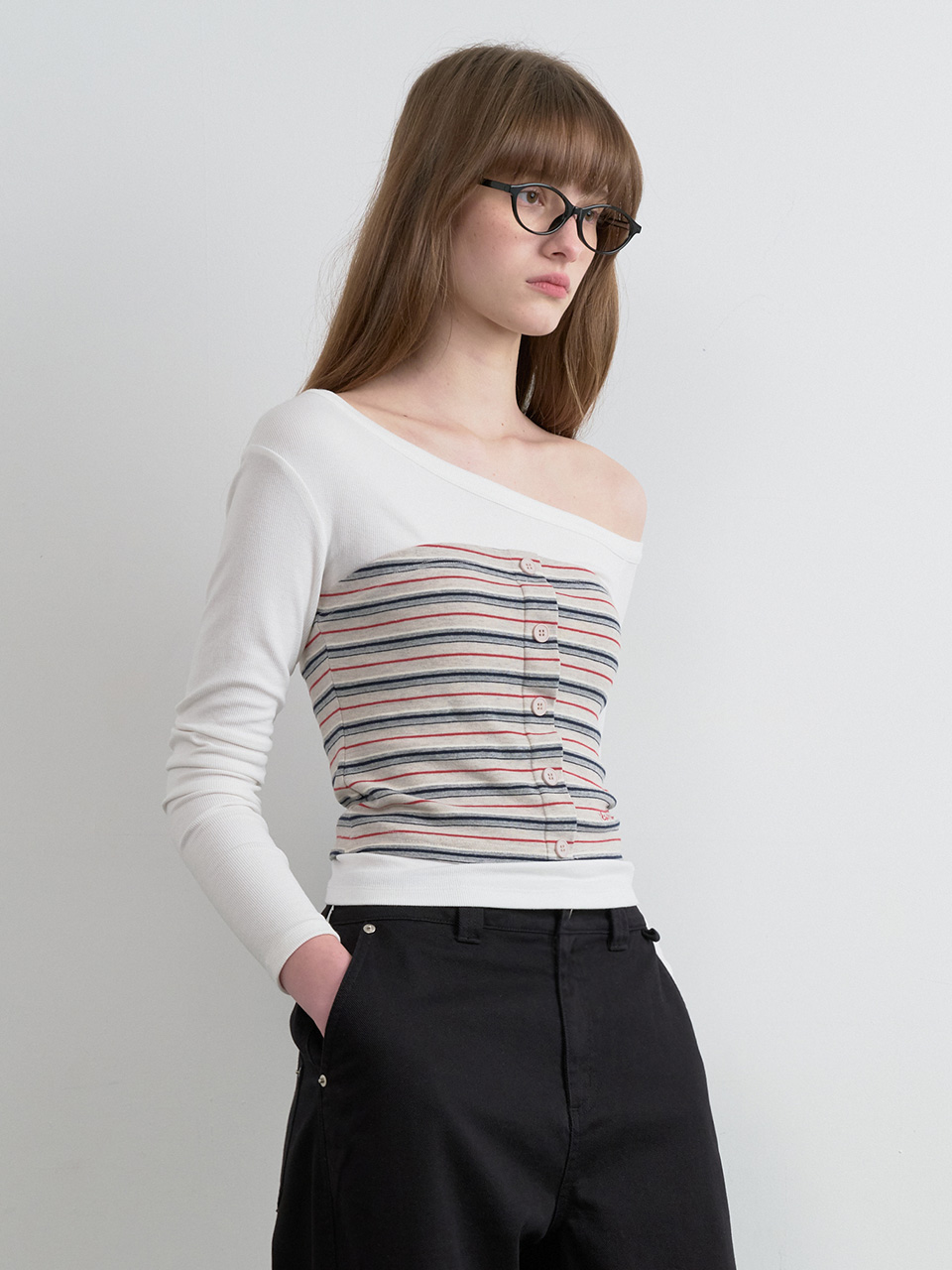 STRIPE BUTTON BUSTIER LAYERED LONG SLEEVE WH+GY