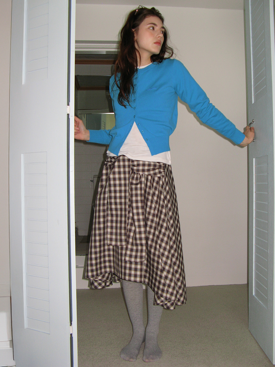 TIED CHECK LONG SKIRT BROWN
