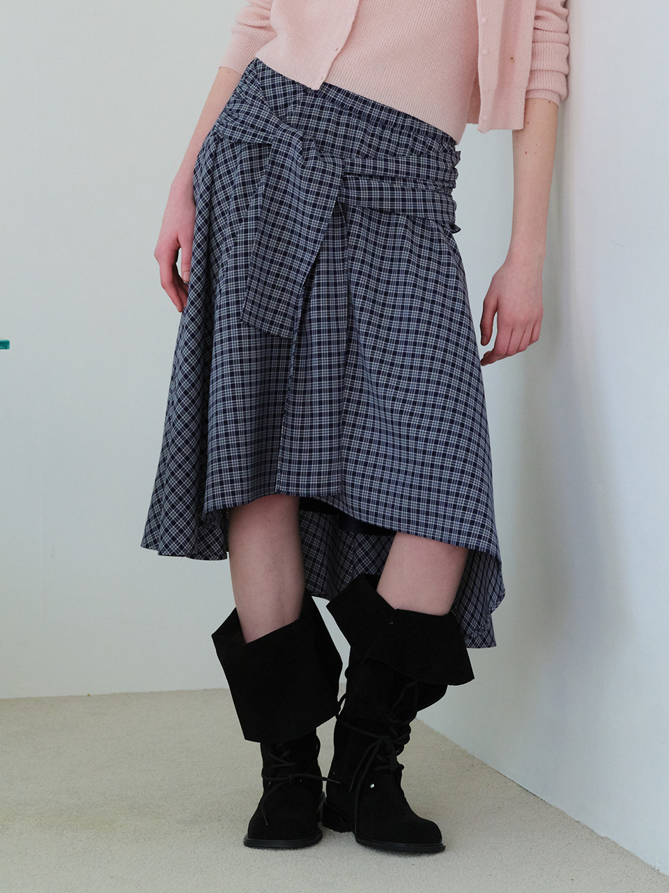 TIED CHECK LONG SKIRT NAVY