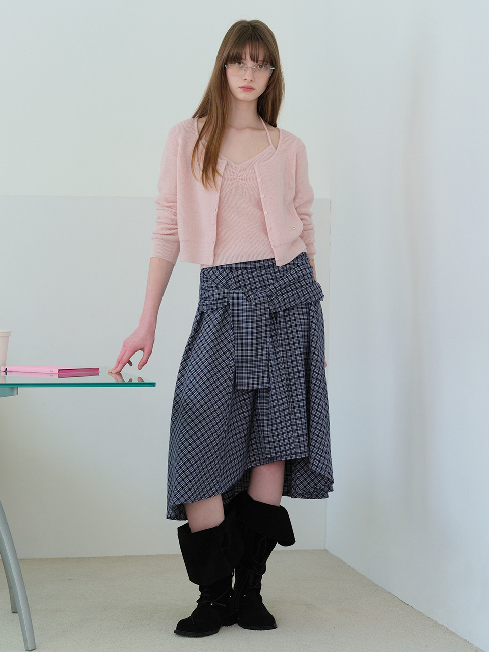 TIED CHECK LONG SKIRT NAVY