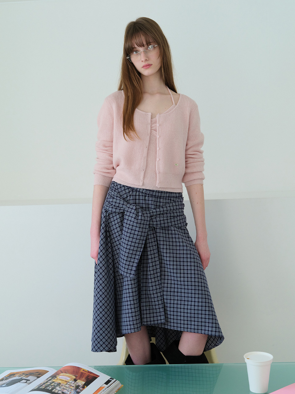 TIED CHECK LONG SKIRT NAVY