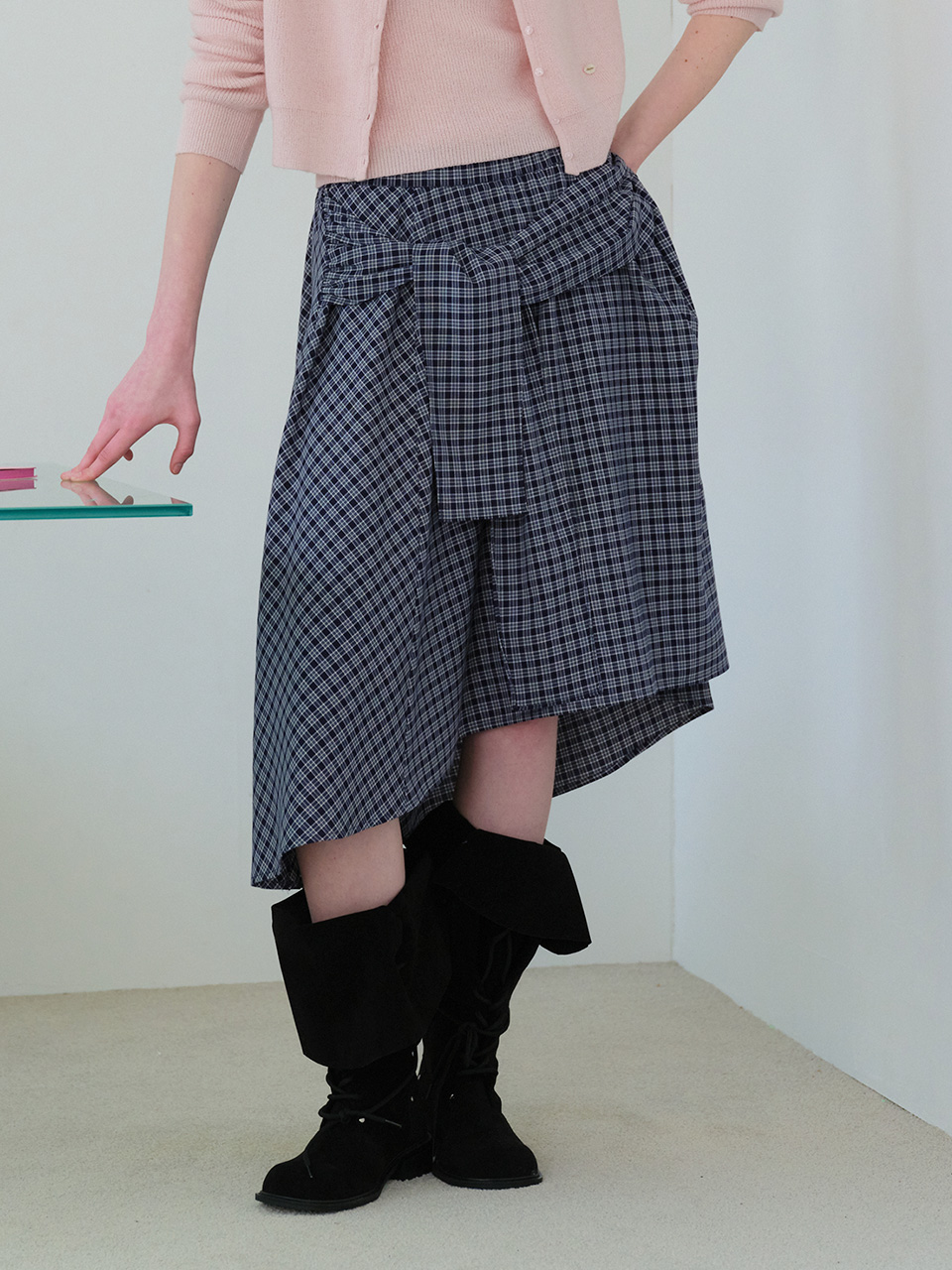 TIED CHECK LONG SKIRT NAVY