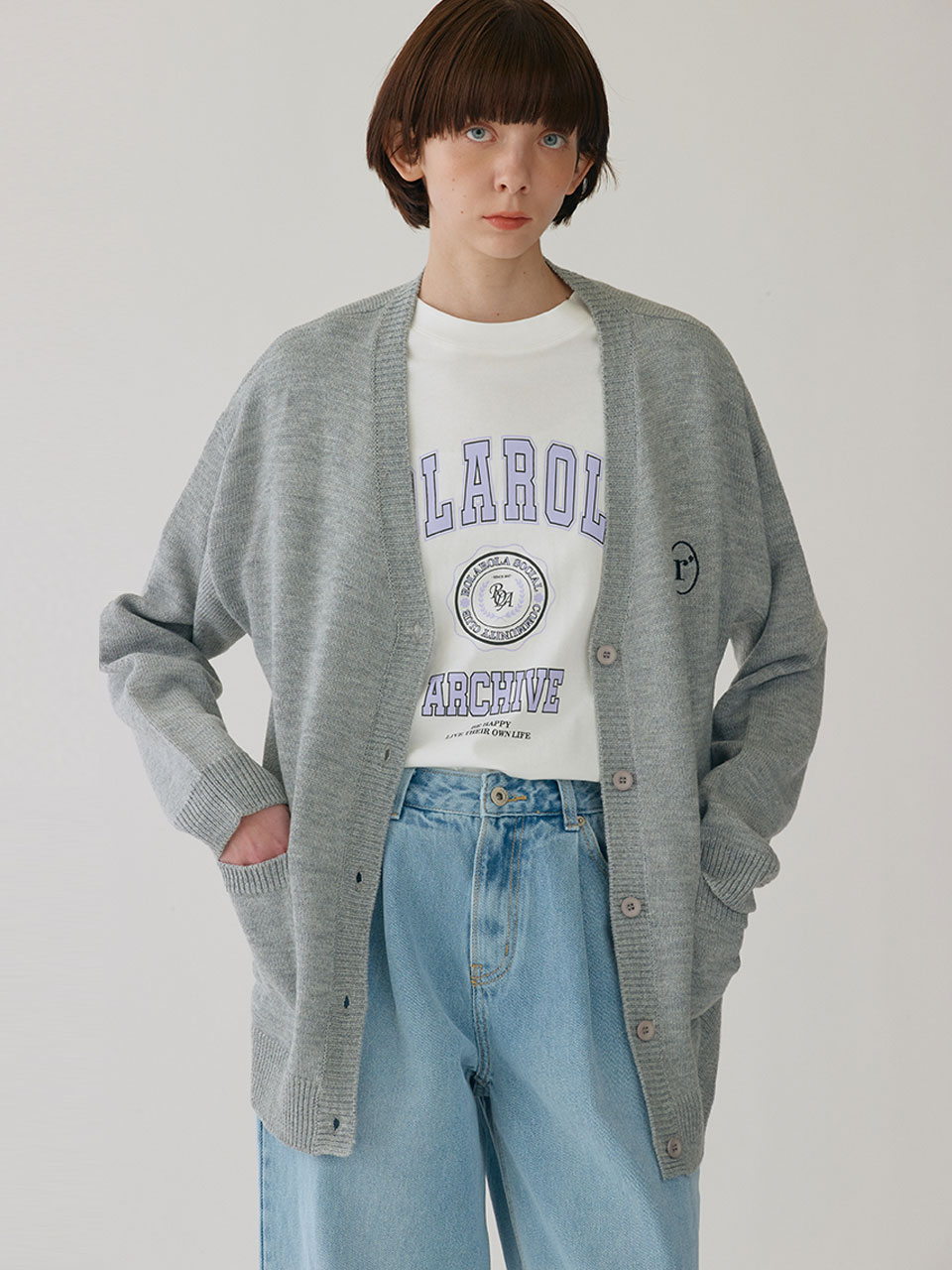 V NECK KNIT CARDIGAN GRAY