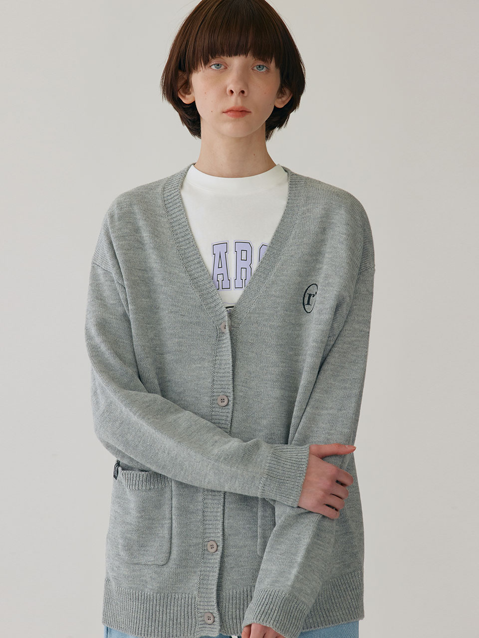 V NECK KNIT CARDIGAN GRAY