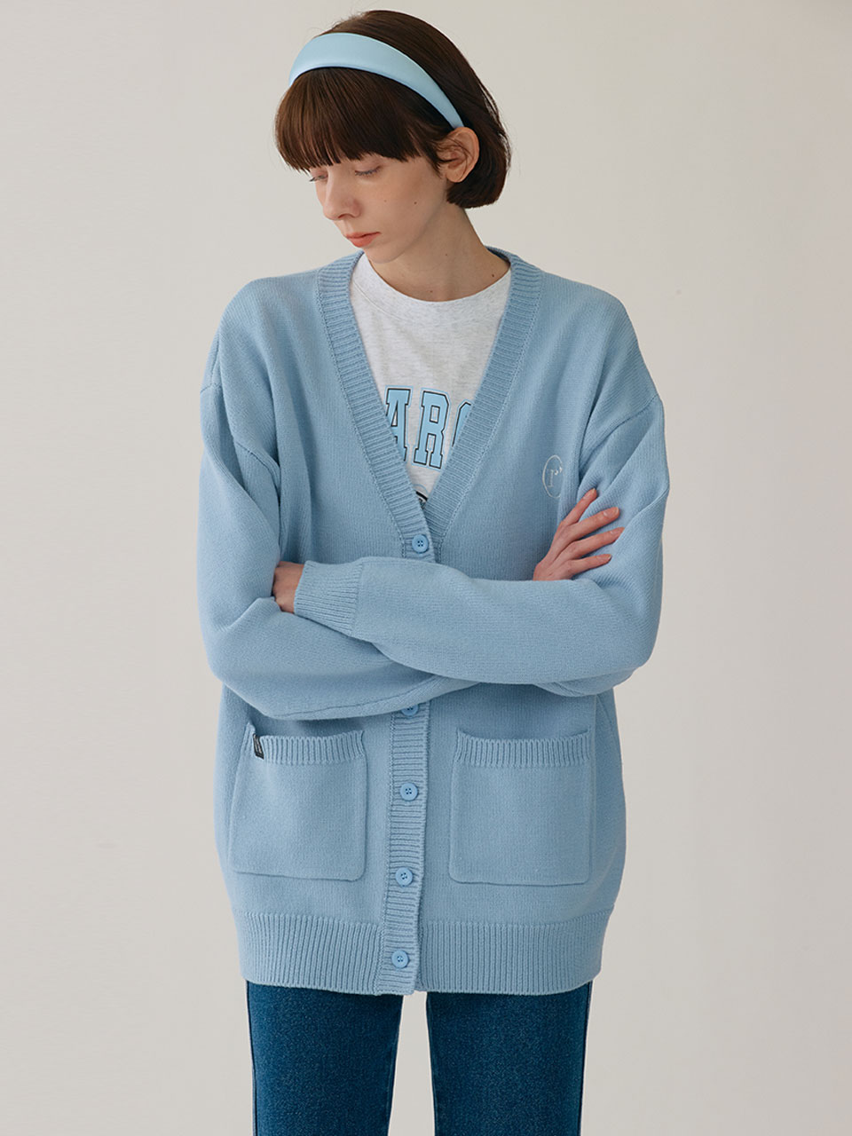 V NECK KNIT CARDIGAN LIGHT BLUE