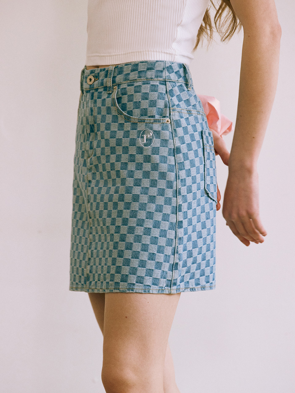 CHECKER BOARD DENIM SKIRTS LIGHT BLUE