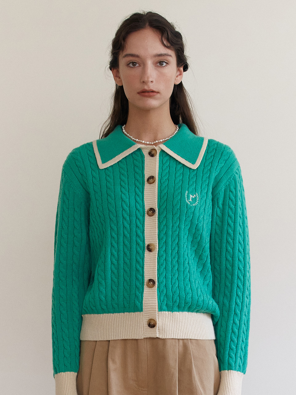BUTTON COLLAR CABLE CARDIGAN GREEN