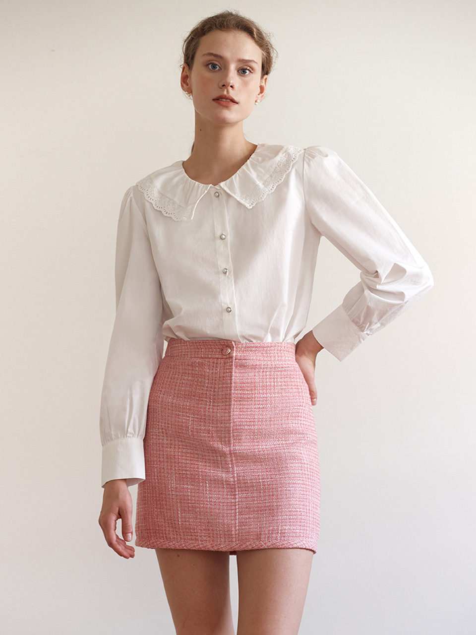 SET UP TWEED BUTTON SKIRT PINK