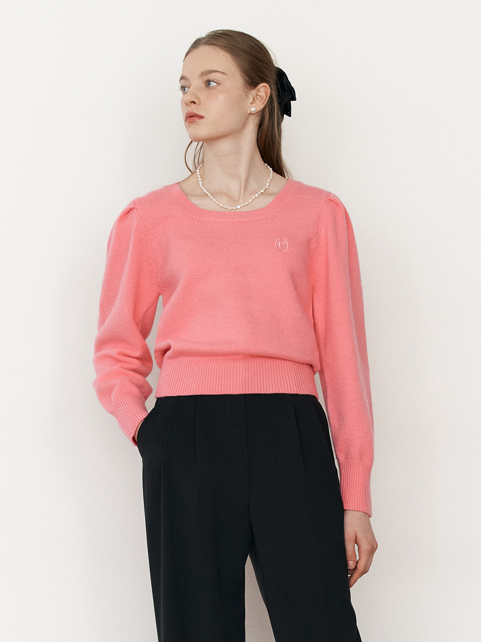 SQUARE NECK PUFF SLEEVE KNIT PINK