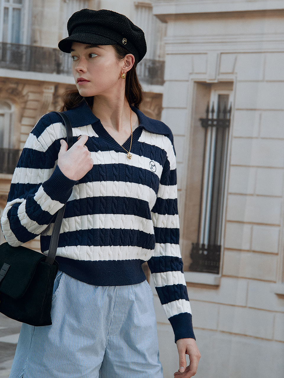 COLLAR STRIPE BOARDER KNIT NV+IV