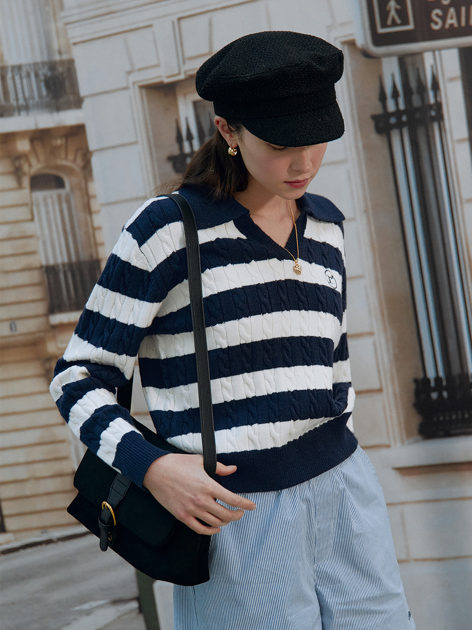 COLLAR STRIPE BOARDER KNIT NV+IV