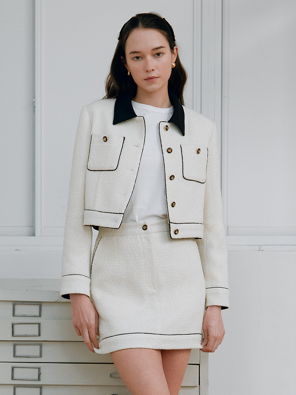 LINE CROP TWEED JACKET IVORY