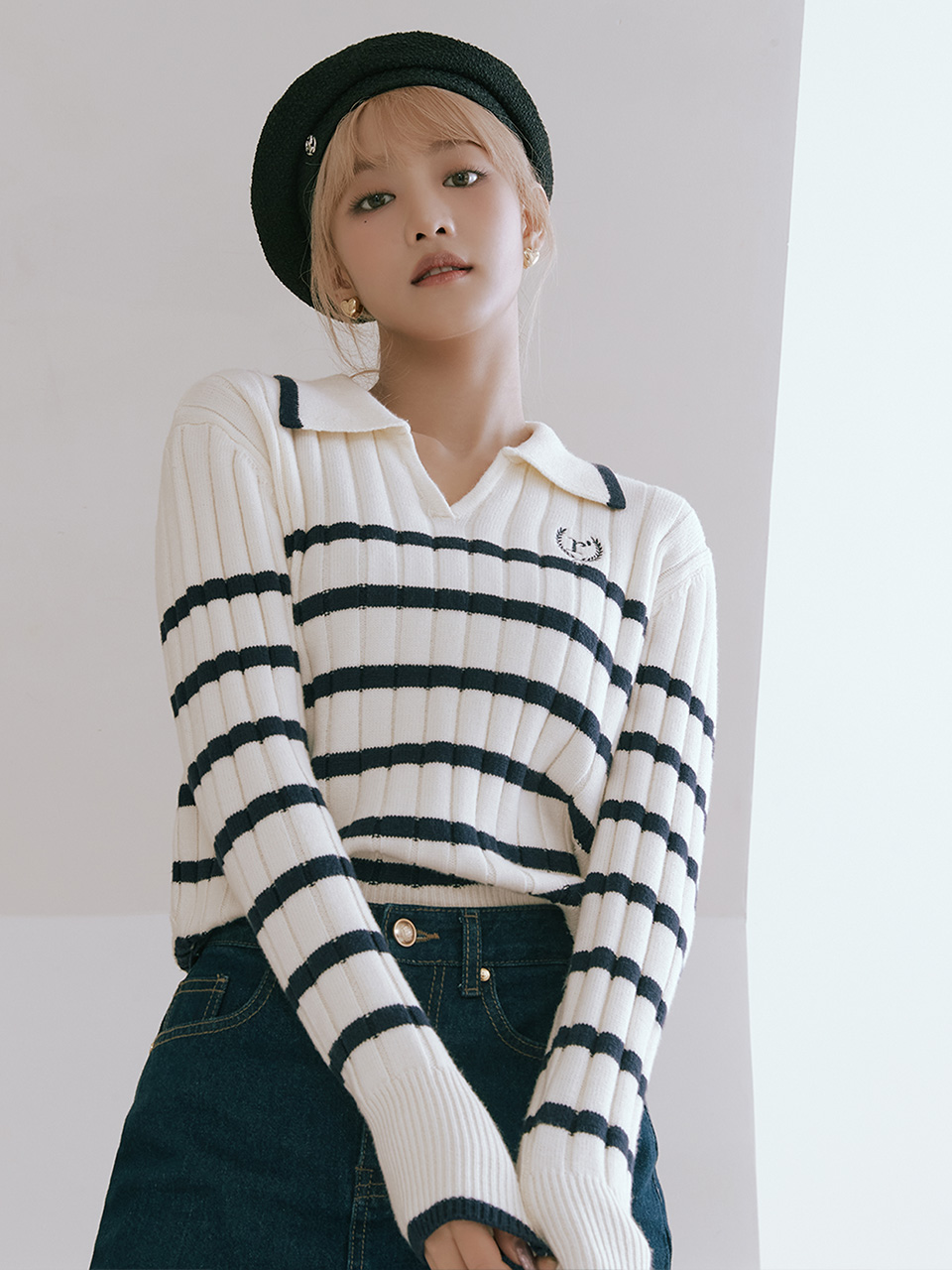 V NECK COLLAR STRIPE KINT BLUE
