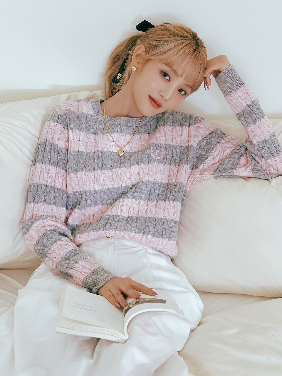 WOOL STRIPE ROUND NECK KNIT GY+PK