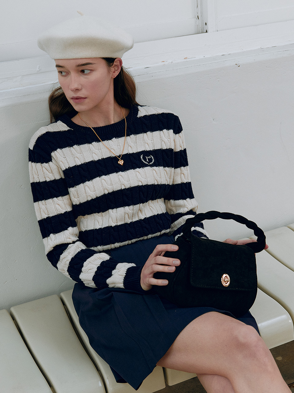 WOOL STRIPE ROUND NECK KNIT NV+IV