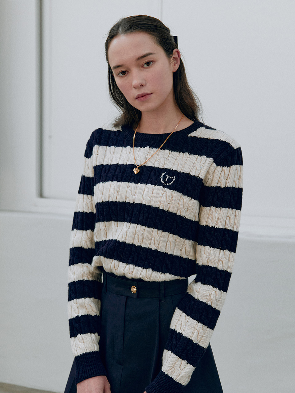 WOOL STRIPE ROUND NECK KNIT NV+IV