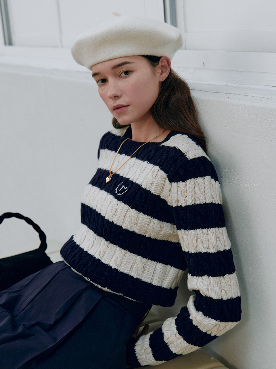 WOOL STRIPE ROUND NECK KNIT NV+IV