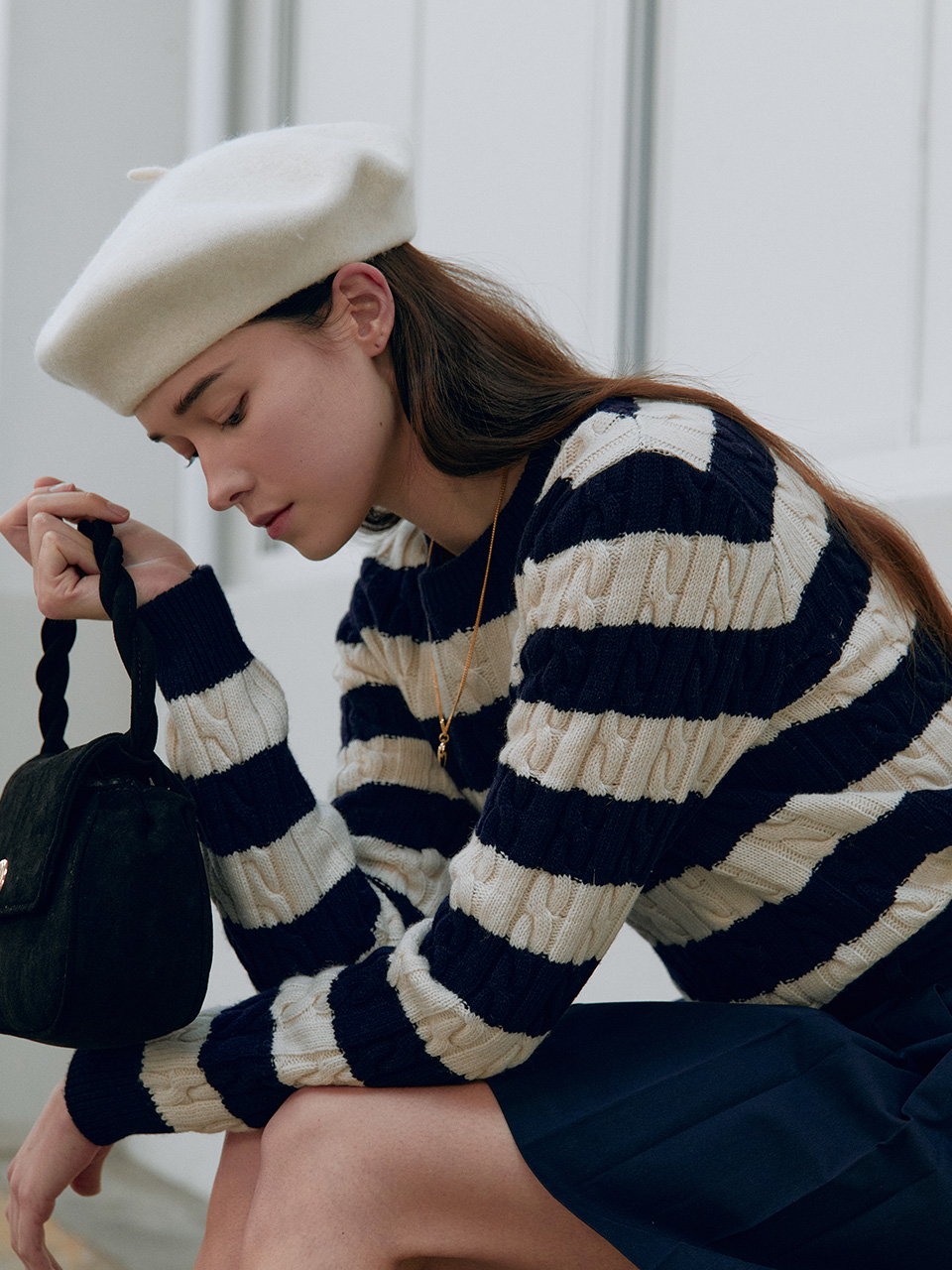 WOOL STRIPE ROUND NECK KNIT NV+IV