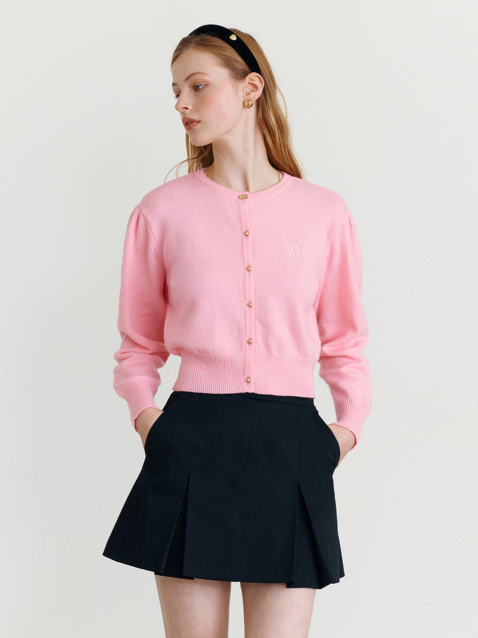 PUFF SLEEVE ROUND NECK CARDIGAN PINK