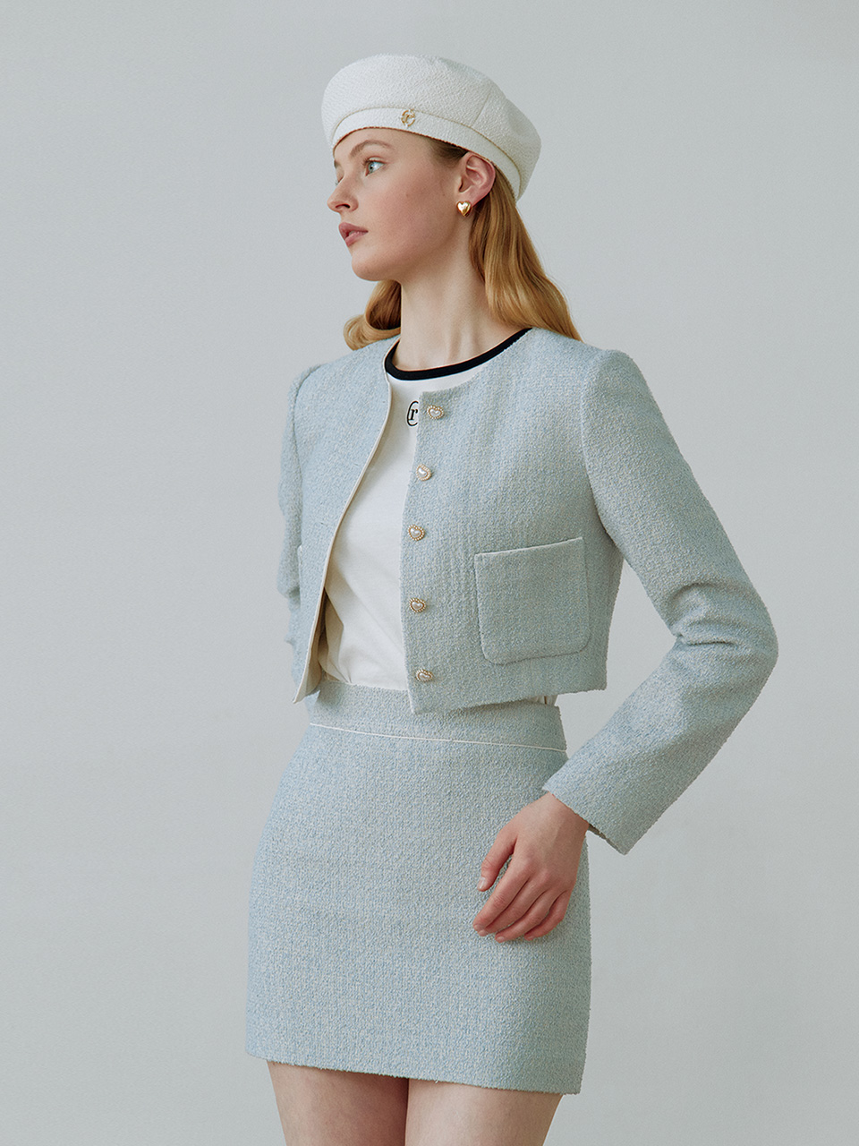 PIPING TWEED SKIRT LIGHT BLUE