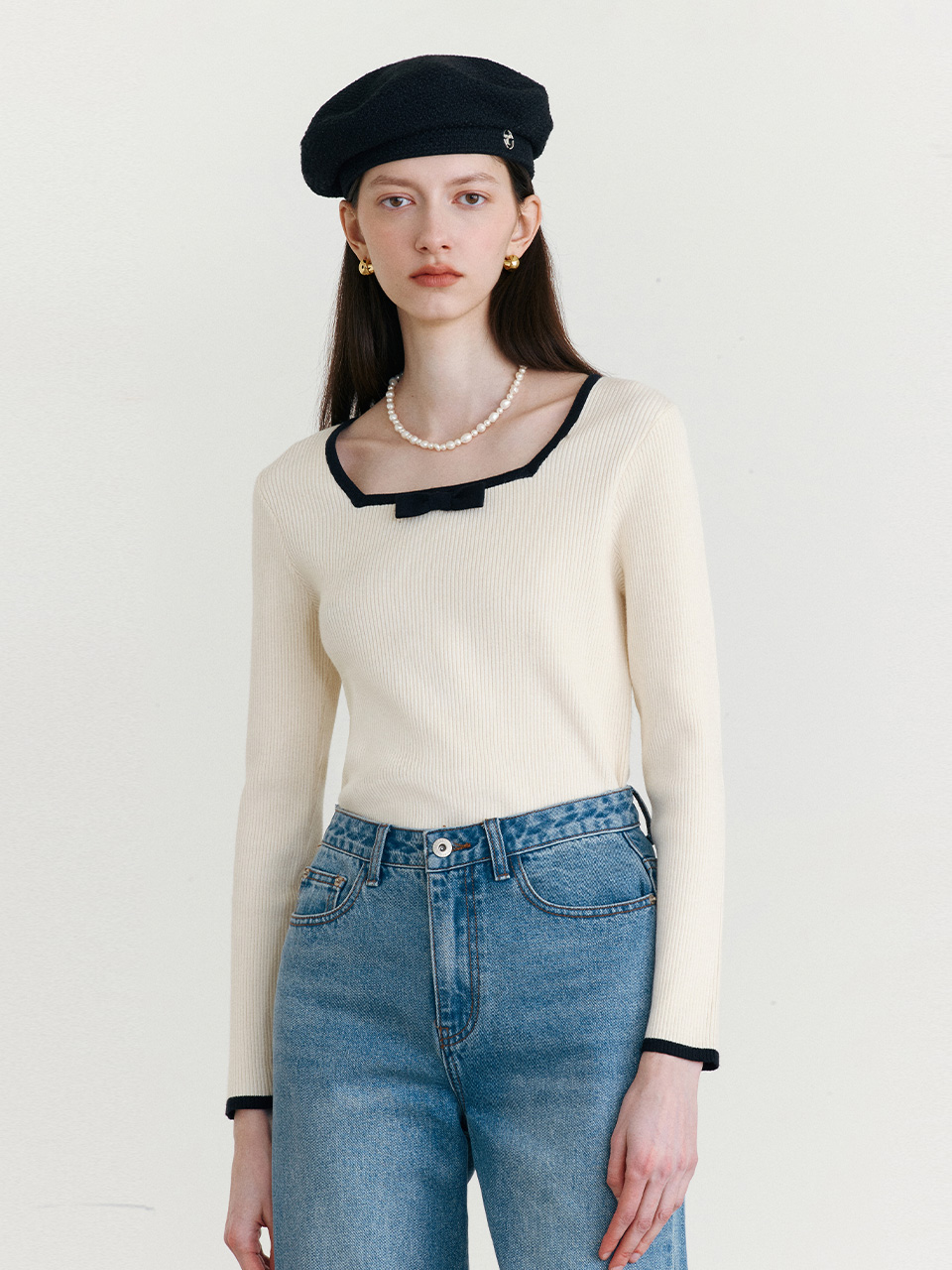 RIBBON SQUARE NECK KNIT IVORY