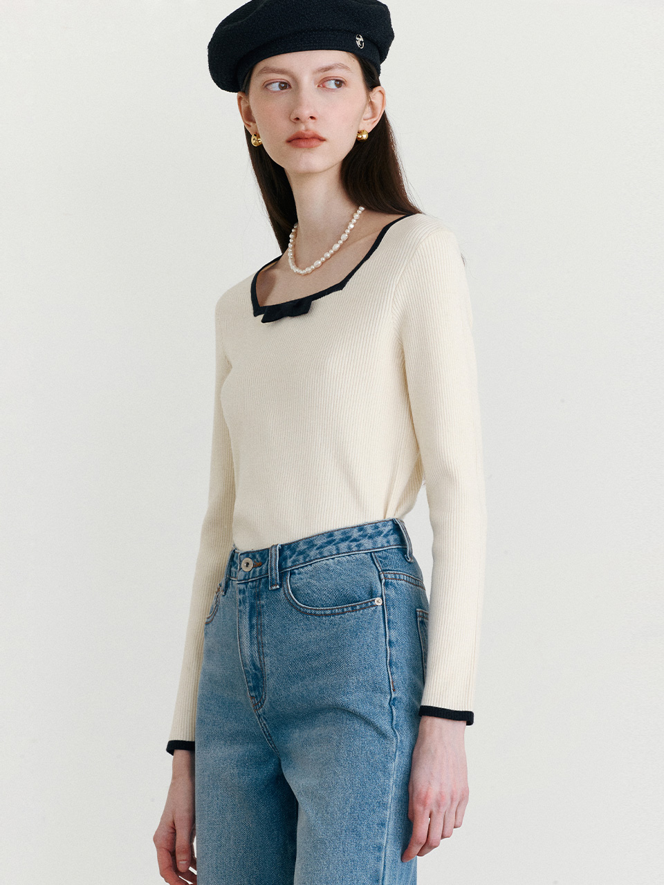 RIBBON SQUARE NECK KNIT IVORY