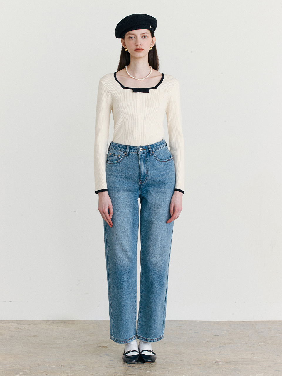 RIBBON SQUARE NECK KNIT IVORY