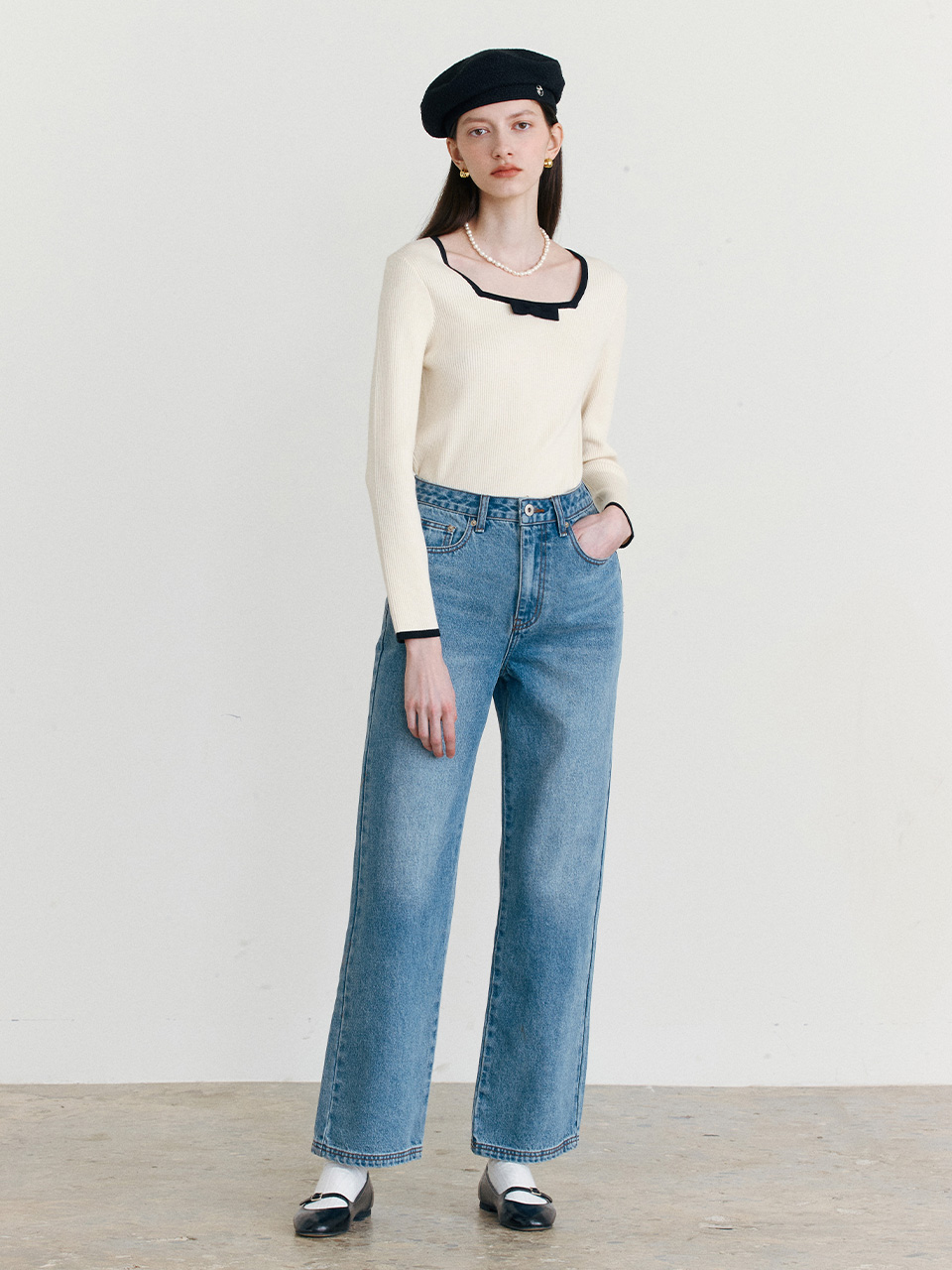 RIBBON SQUARE NECK KNIT IVORY